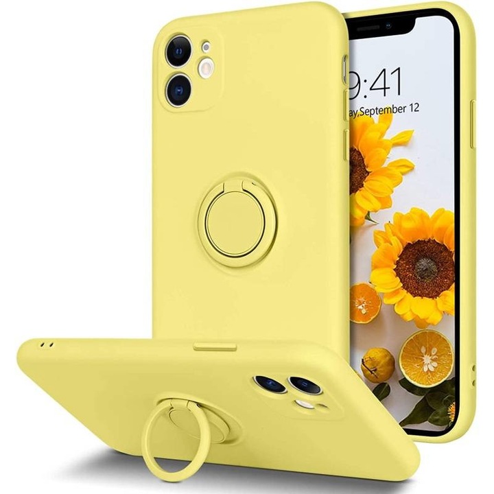 Husa protectie Flippy compatibila cu Apple iPhone 12 Mini Liquid Silicone Ring cu suport rotativ Galben