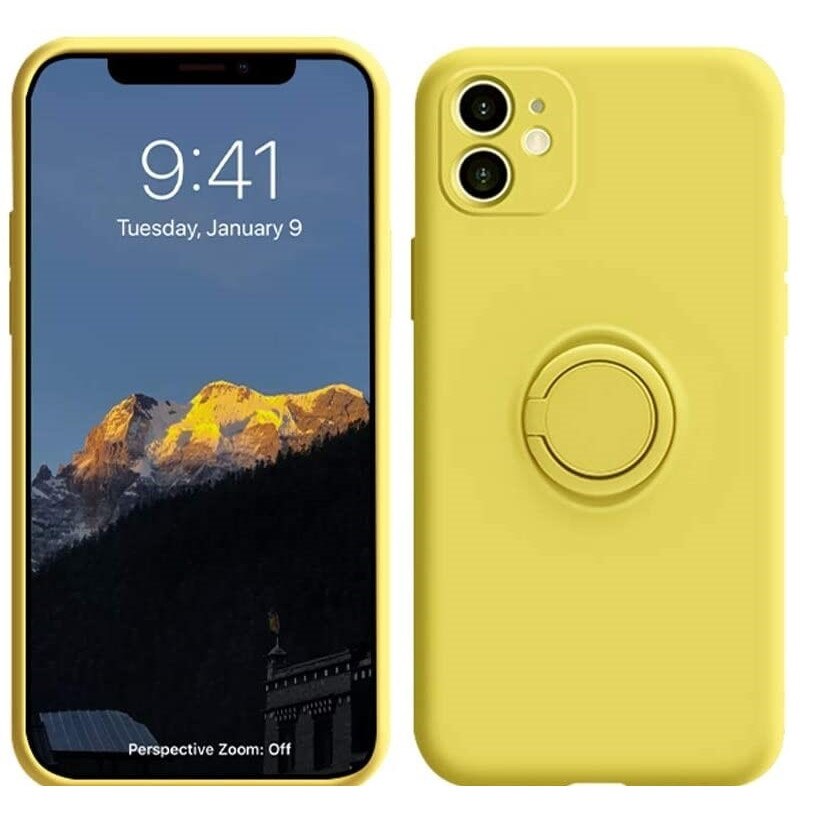 Husa protectie Flippy compatibila cu Apple iPhone 12 Liquid Silicone Ring cu suport rotativ Galben