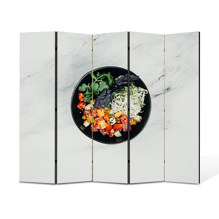 Paravan 5 piese Premium TrueColor, Art Star, Salata aranjata in farfurie, Culinar, Panza pe cadru de lemn, Decoratiuni Moderne pentru Casa, 5 Panouri de 45x180, 225 x 180 cm