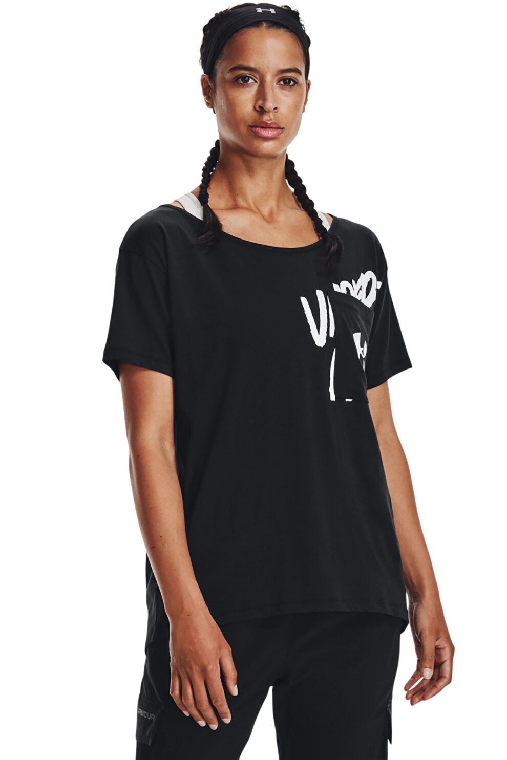 Under Armour, Tricou supradimensionat cu buzunar pe piept, pentru fitness, Negru/Alb