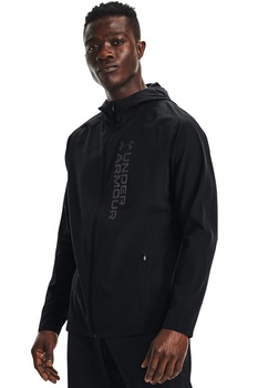 Under Armour, Jacheta cu maneci raglan si gluga din material rezistent la vant OutRun The Storm, Negru Under Armour, Jacheta cu maneci raglan si gluga din material rezistent la vant OutRun The Storm, Negru
