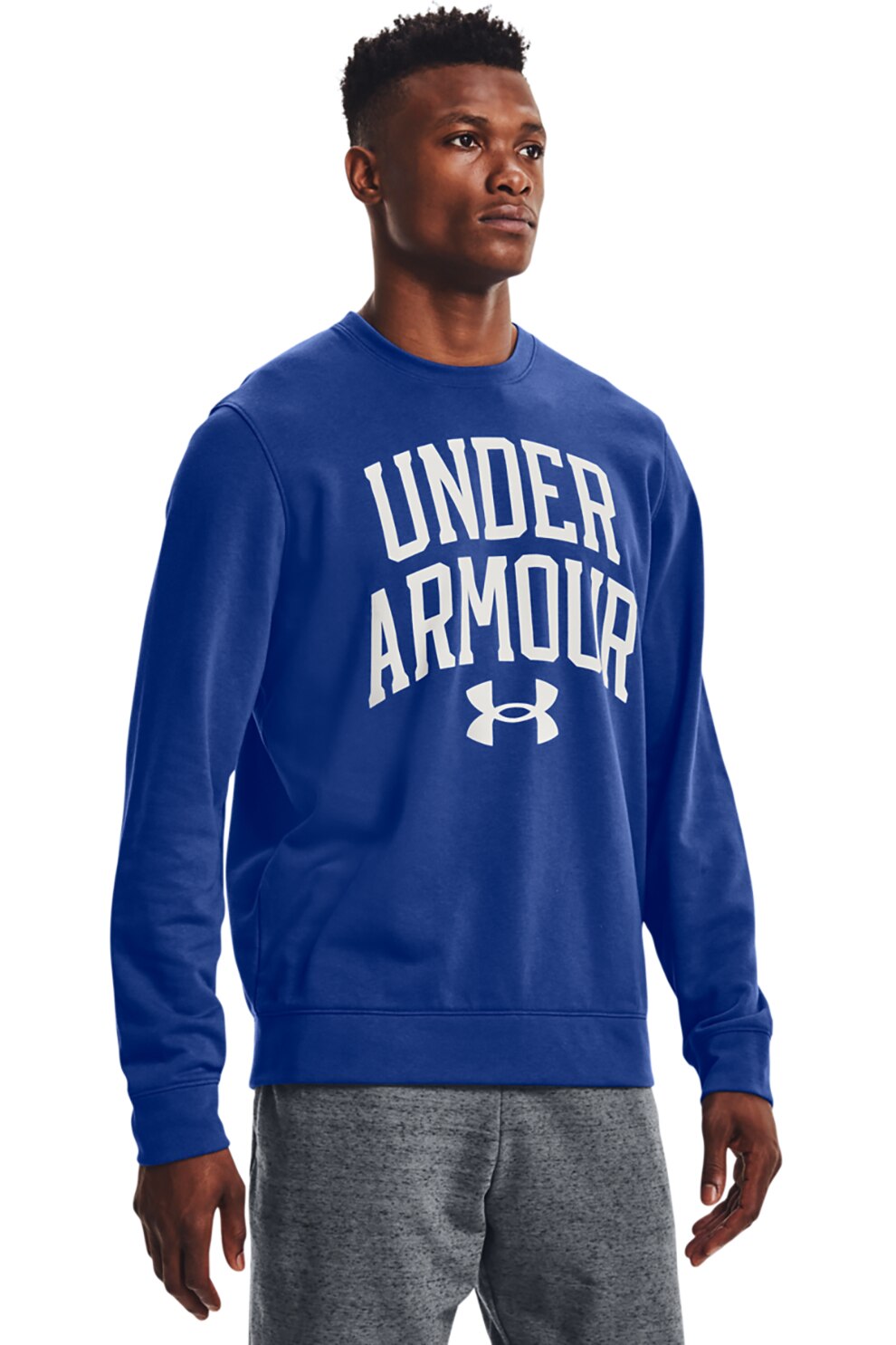 Under Armour, Bluza din material terry cu decolteu la baza gatului pentru antrenament Rival, Albastru/Alb