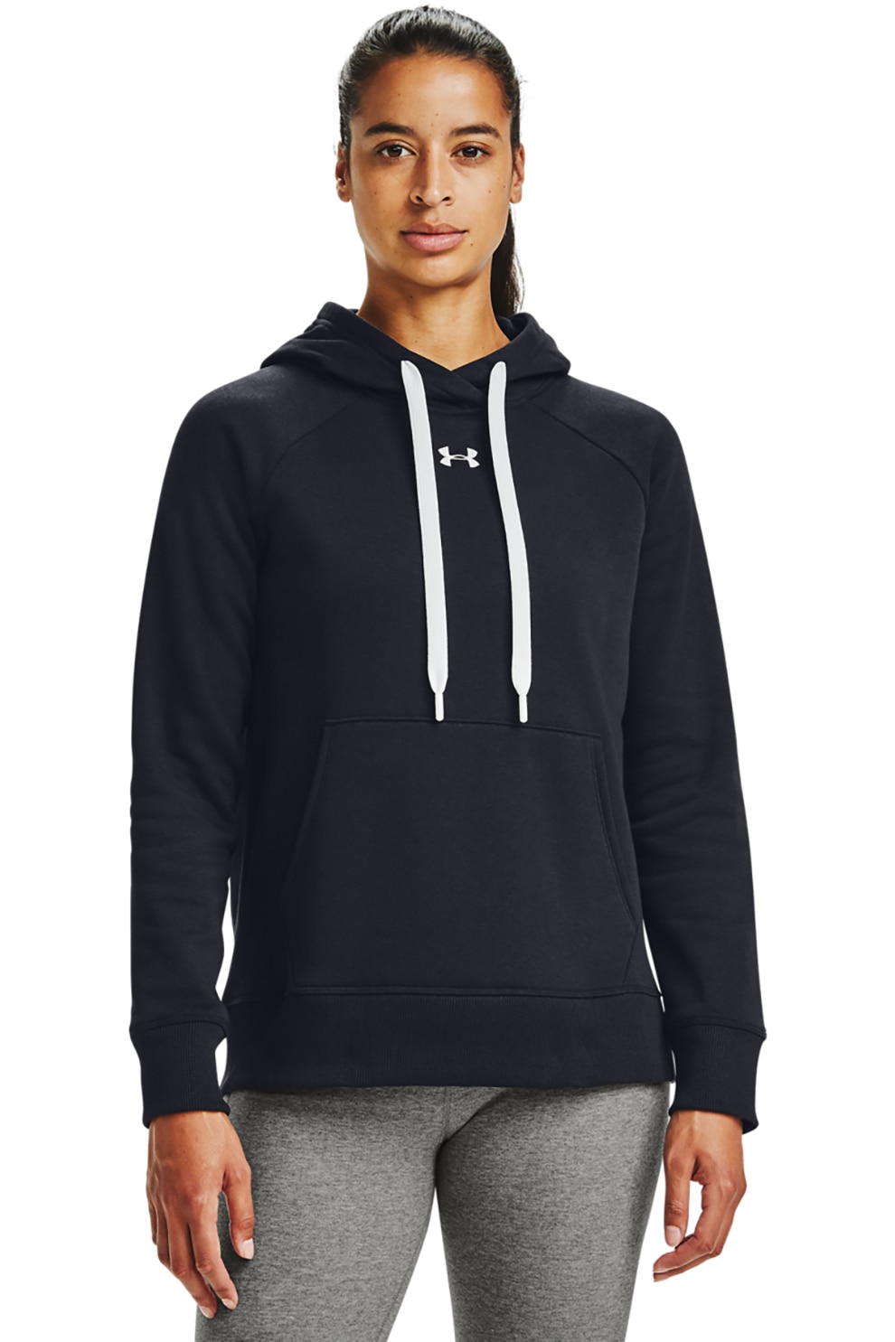 Under Armour, Hanorac cu buzunar kangaroo, pentru antrenament Rival, Negru/Alb, L