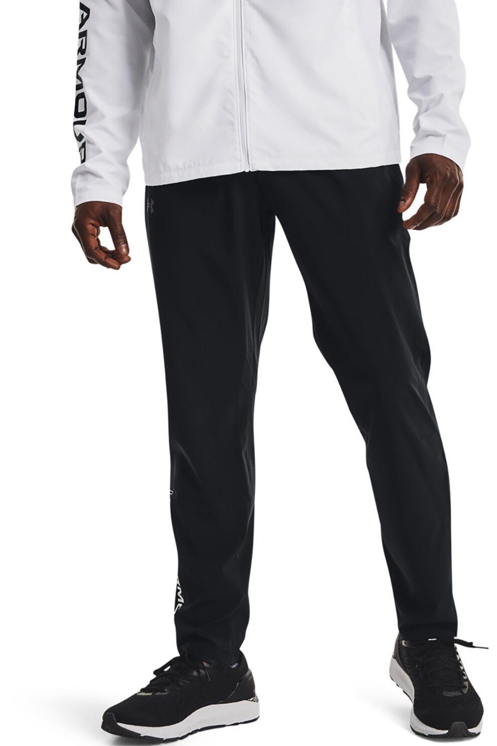 Under Armour, Pantaloni elastici cu croiala conica pentru alergare OutRun The Rain, Negru/Alb