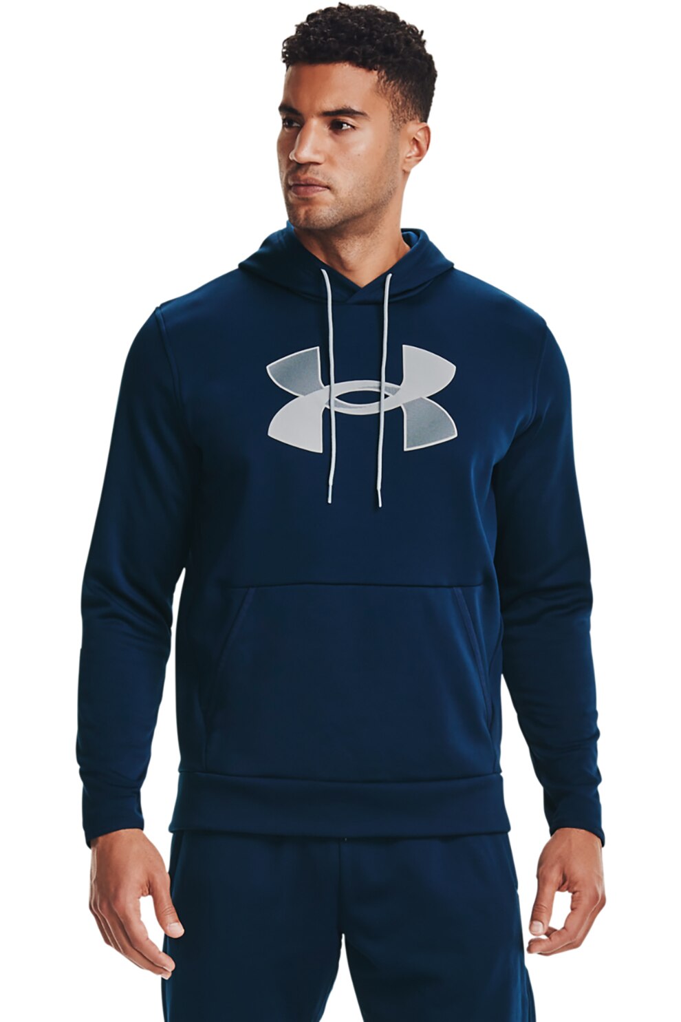 Under Armour, Hanorac cu imprimeu logo si buzunar kangaroo pentru fitness, Albastru inchis/Gri