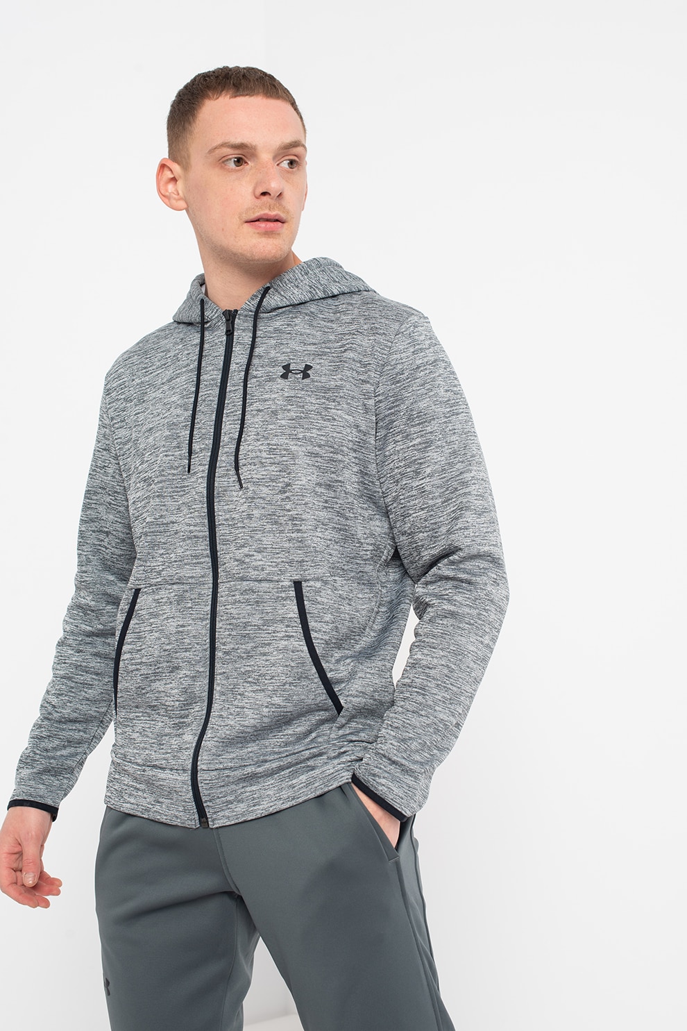 Under Armour, Hanorac lejer cu fermoar, pentru fitness Fleece FZ, Gri inchis melange/Negru