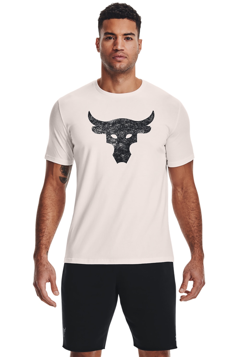 Under Armour, Tricou lejer cu model grafic, pentru fitness Rock Brahma, Alb/Negru