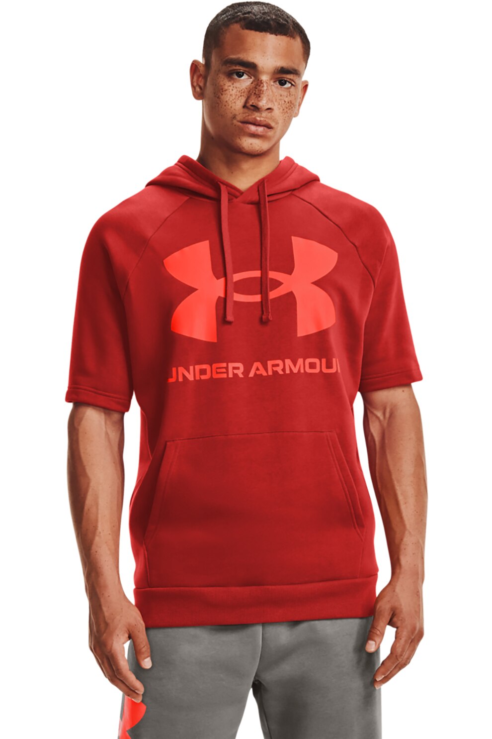 Under Armour, Hanorac cu maneci raglan si imprimeu logo, pentru fitness Rival, Rosu caramiziu