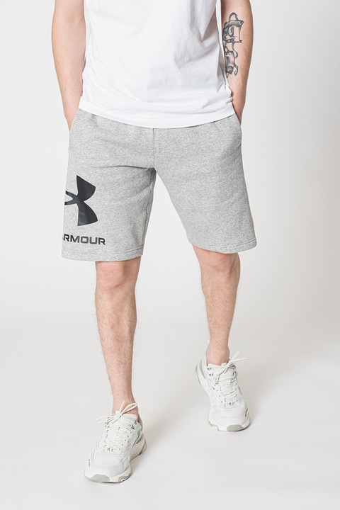 Under Armour, Bermude lejere din material fleece cu logo pentru fitness Rival, Gri melange