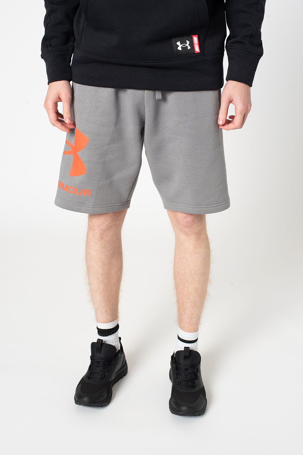 Under Armour, Bermude de fleece cu logo, pentru antrenament Rival, Gri inchis