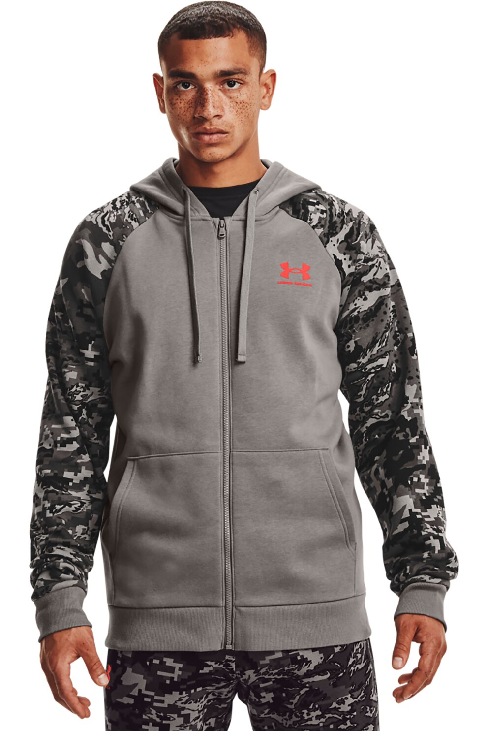 Under Armour, Hanorac cu fermoar, pentru fitness Rival, Gri/Portocaliu