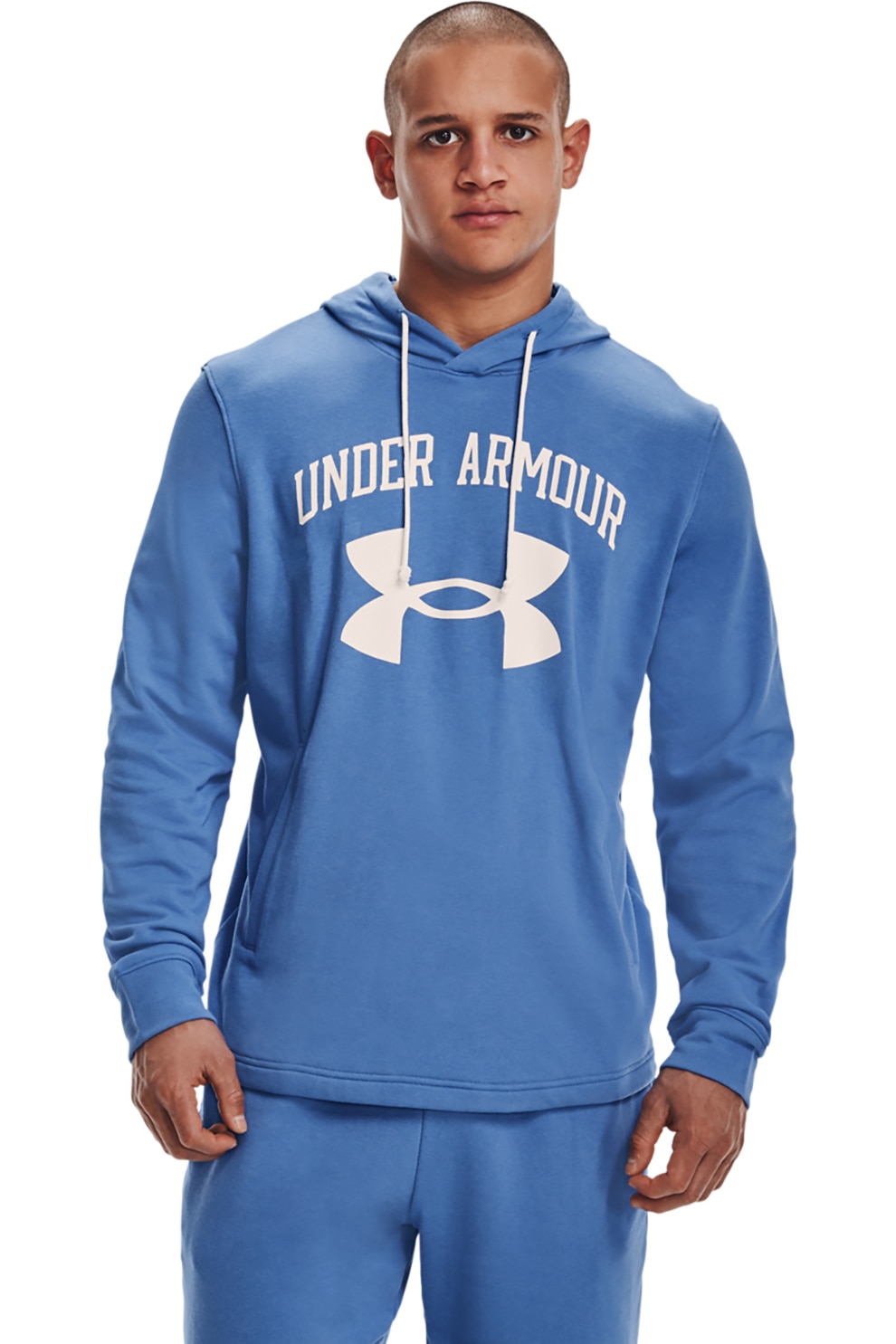 Under Armour, Hanorac cu snur si logo Rival, Albastru lavanda/Alb
