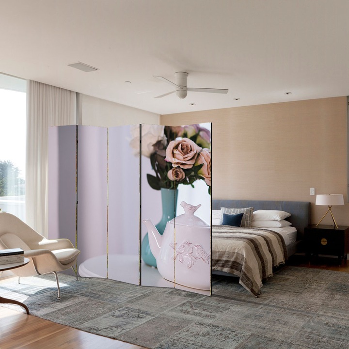 Paravan 5 piese Premium TrueColor, Art Star, Flori si ceai, Culinar, Panza pe cadru de lemn, Decoratiuni Moderne pentru Casa, 5 Panouri de 45x180, 225 x 180 cm