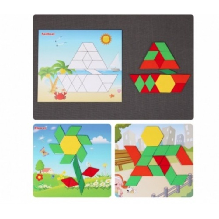 Joc Tangram 250 piese, cu forme si cifre, din lemn - Krista®