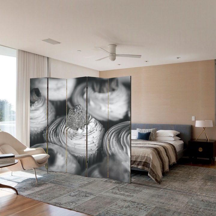 Paravan 5 piese Premium TrueColor, Art Star, Briose alb negru cu jeleu, Culinar, Panza pe cadru de lemn, Decoratiuni Moderne pentru Casa, 5 Panouri de 45x150, 225 x 150 cm