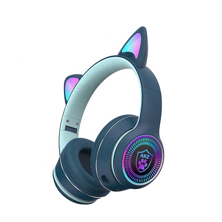 WAMA Cat Ears K27, Fejhallgató, vezeték nélküli, beépített LED, erős basszus, tiszta hang, sztereó, Bluetooth 5.0, macskafüles, kék