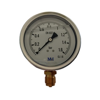 Manometru 0-1.6 bari, diametru 63mm, carcasa inox cu glicerina (antivibratii), radial (montare pe verticala) Manometru 0-1.6 bari, diametru 63mm, carcasa inox cu glicerina (antivibratii), radial (montare pe verticala)