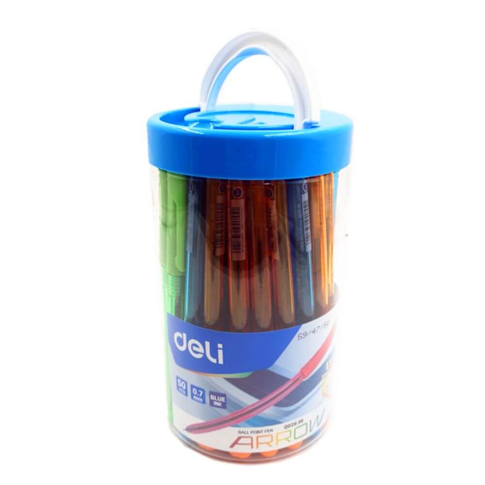 Set 50 Pixuri Deli Arrow, 0.7 mm, Albastru, in Borcan, Corpuri Colorate, Unica Folosinta