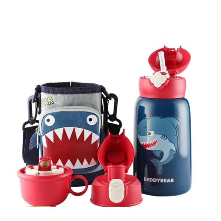 Gyermek termosz tokkal, szívószállal és pohárral, BeddyBear, Cápa, 630 ml, Sötétkék