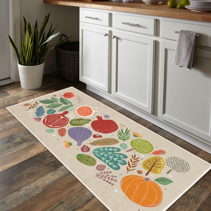 Килим Oyo Home, За кухня, 100% полиестер, 80x200 см, Зеленчуков десен