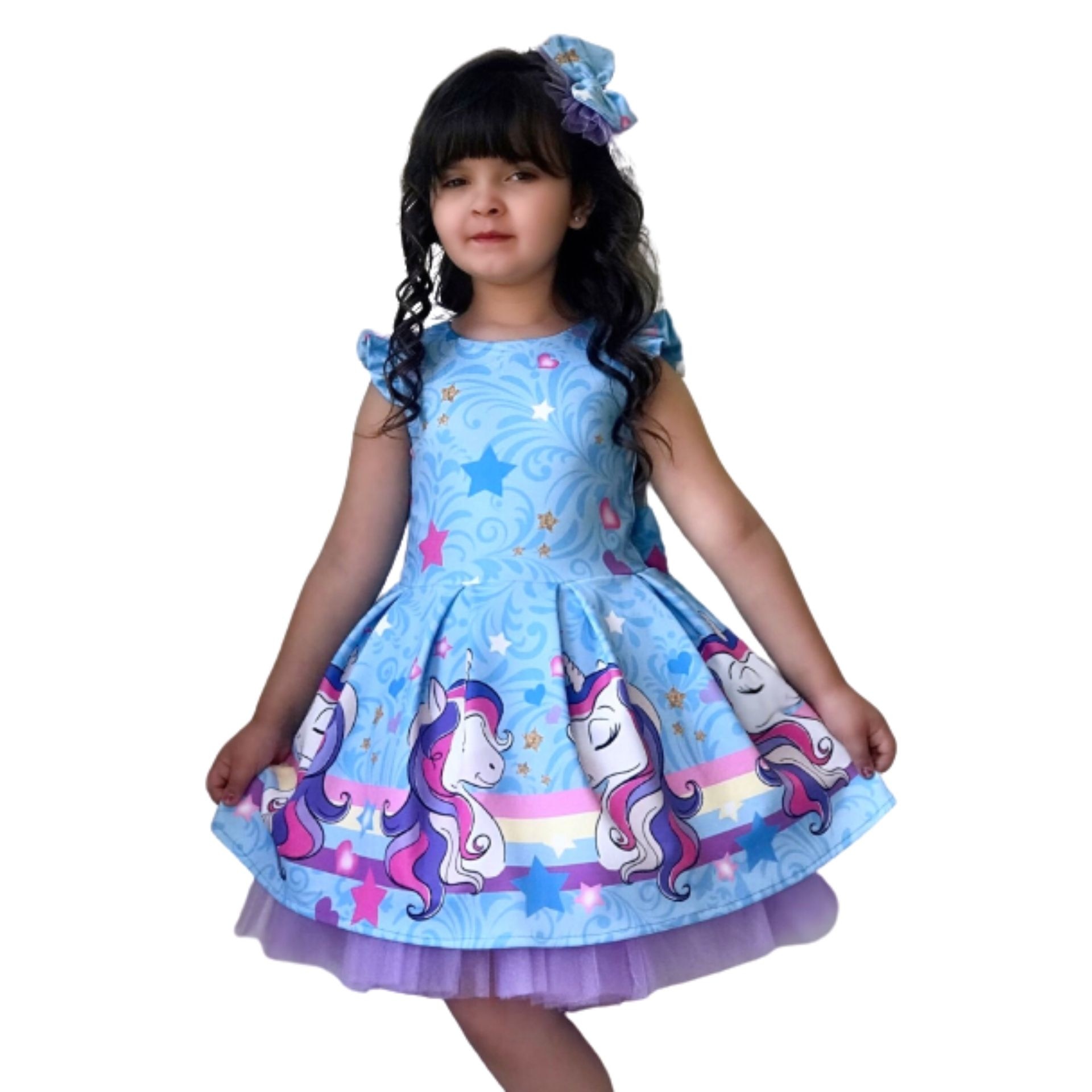 Rochita albastra Malvera cu Unicorn si tull mov, multicolor, bumbac licra, 7-8 ani