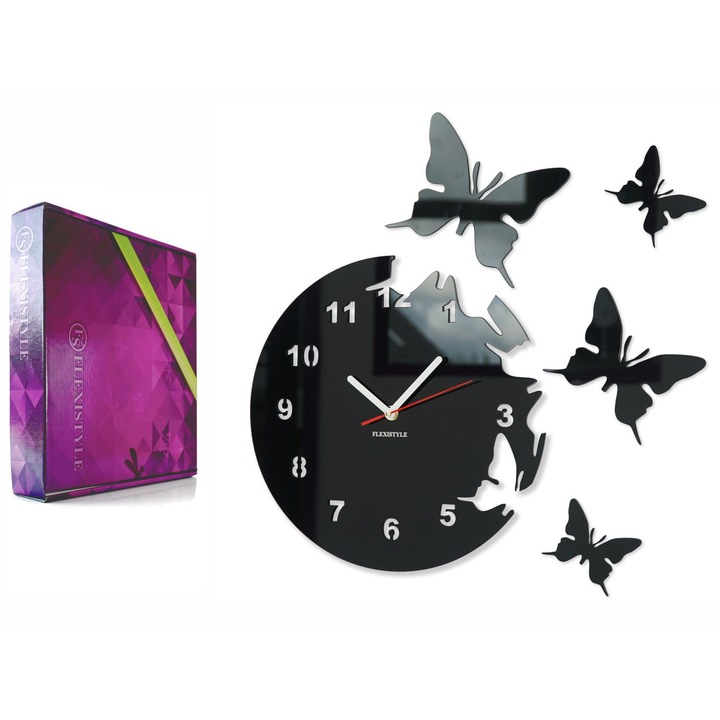 FLEXISTYLE Pillangók, Falióra, Átmérő 30 cm, Plexi, Fekete