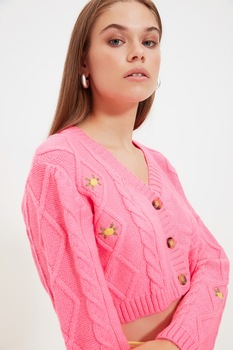 Trendyol, Cardigan crop cu model torsade, Roz aprins Trendyol, Cardigan crop cu model torsade, Roz aprins