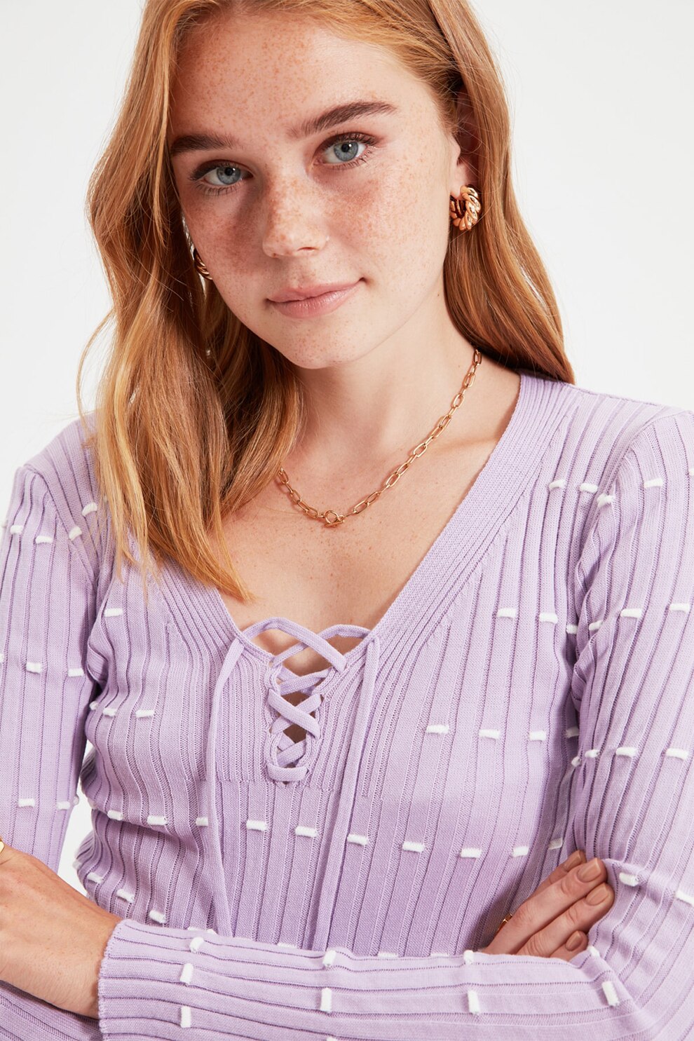 Trendyol, Pulover crop cu detaliu cu siret, Lila/Alb