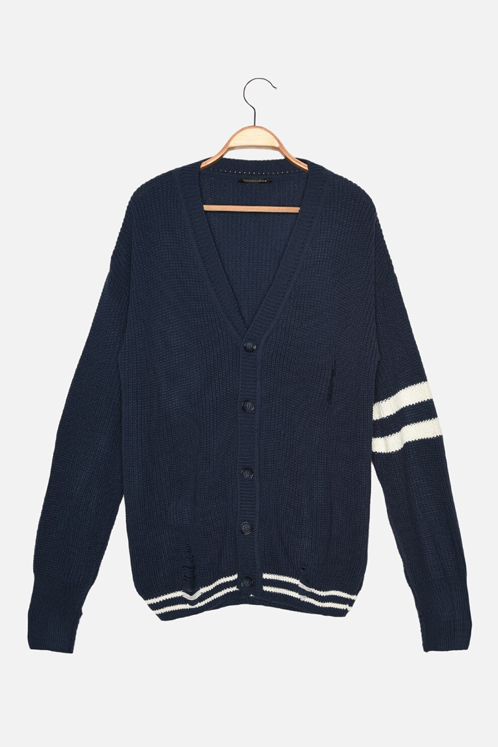 Trendyol, Cardigan cu detalii cu model in dungi, Bleumarin/Alb