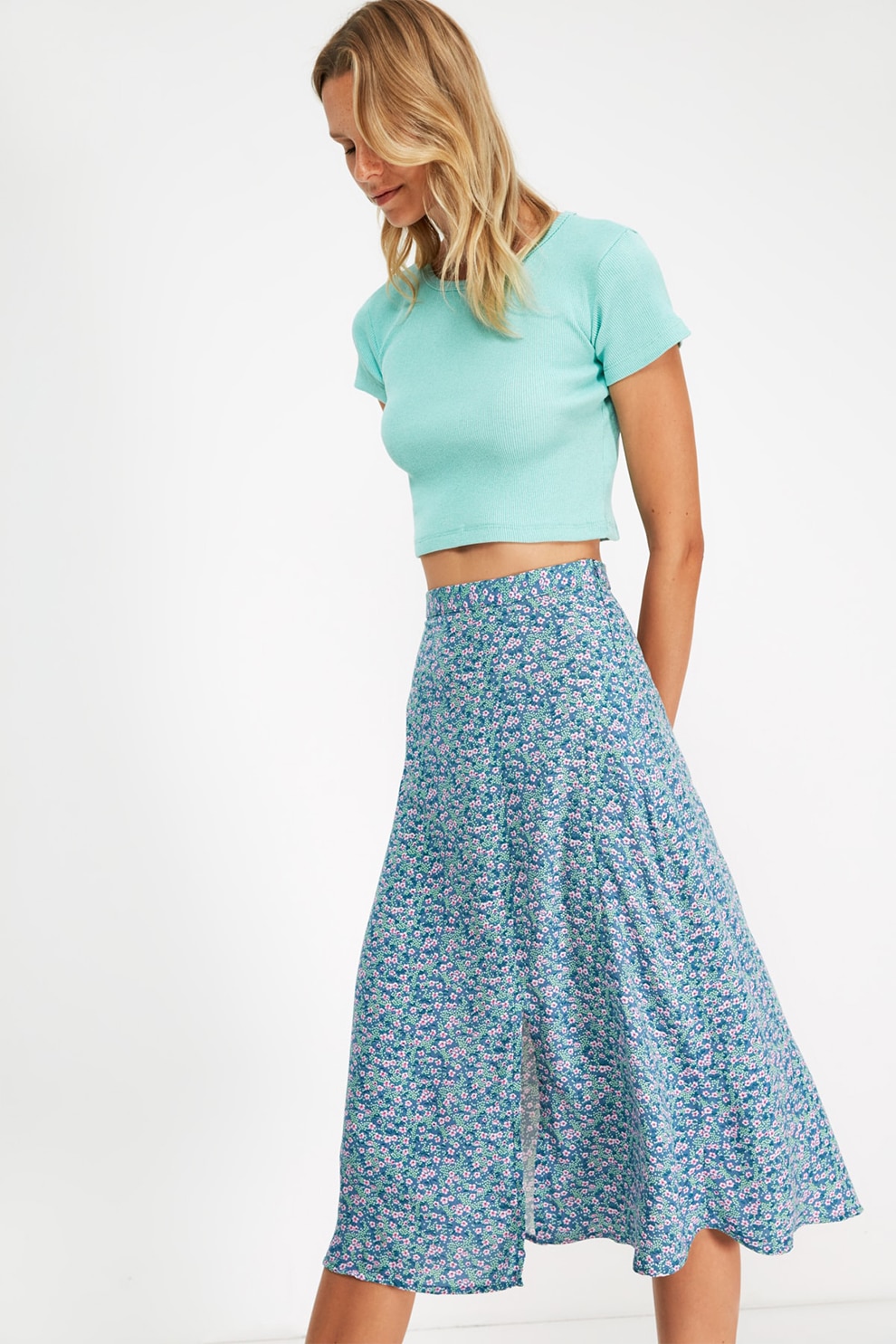 Trendyol, Fusta cu talie inalta si model floral, albastru, verde, lila