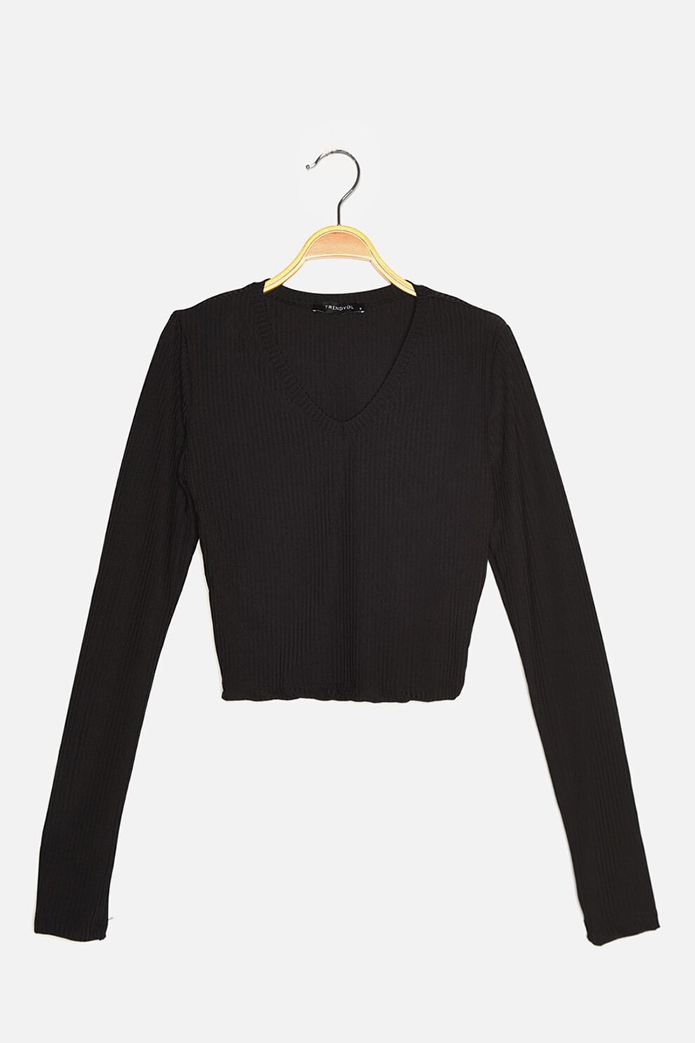 Trendyol, Bluza cu decolteu in V si aspect striat, Negru