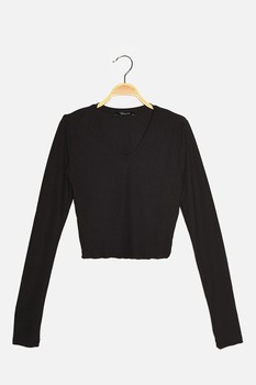 Trendyol, Bluza cu decolteu in V si aspect striat, Negru Trendyol, Bluza cu decolteu in V si aspect striat, Negru