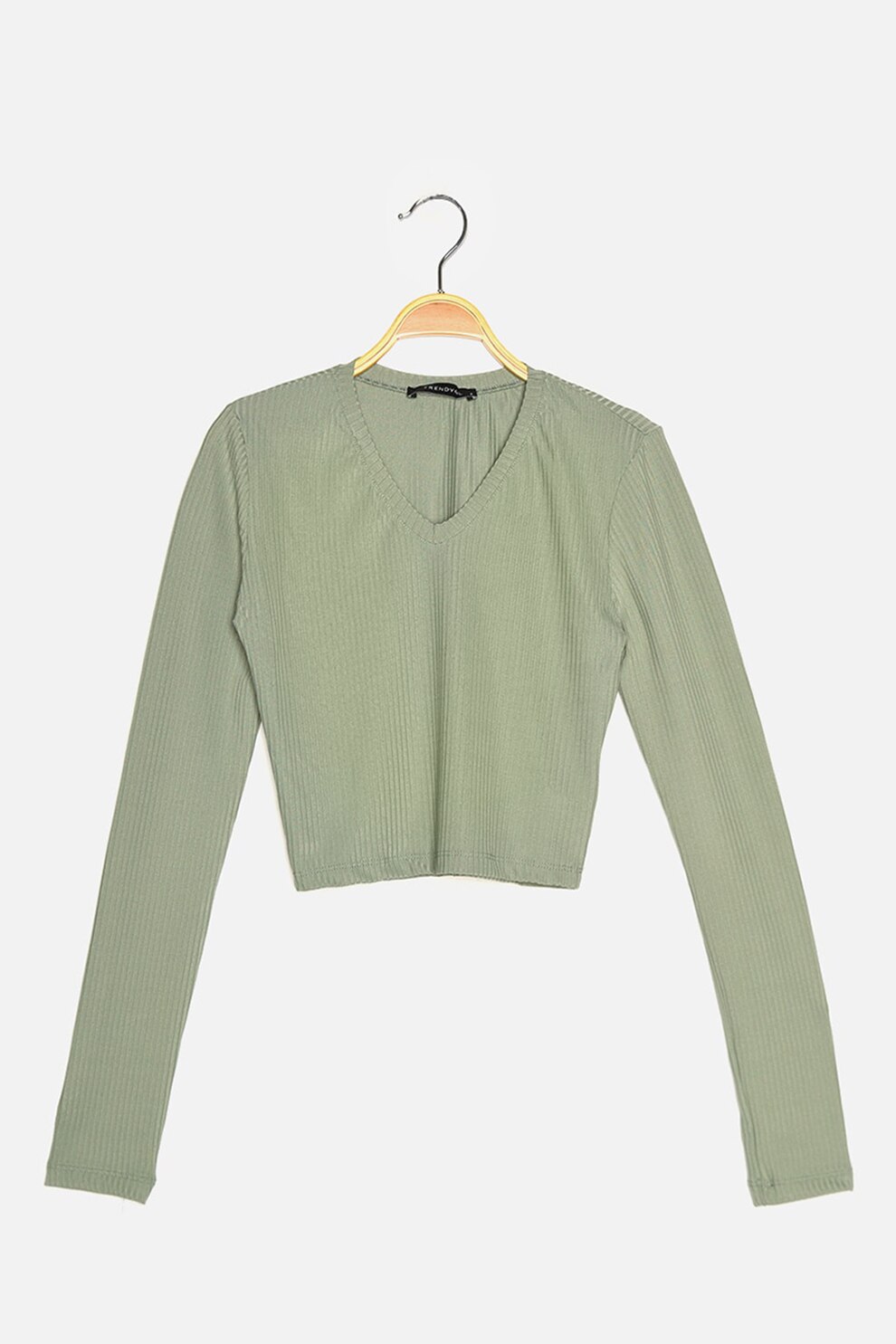 Trendyol, Bluza cu decolteu in V si aspect striat, Verde pal