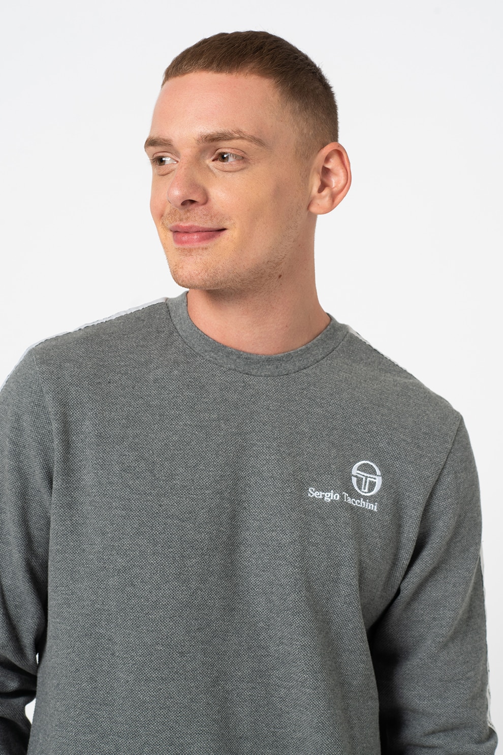 Sergio Tacchini, Bluza sport din material pique, cu logo brodat Delman, Gri deschis/Alb optic/Negru