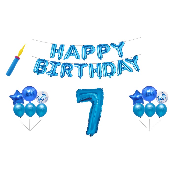 Комплект балони за рожден ден, 7 години, Честит рожден ден, сини, подарък за торта, 30 бр.