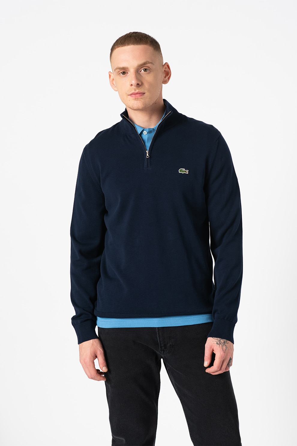 Lacoste, Pulover regular fit tricotat fin din bumbac organic, Bleumarin