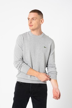 Lacoste, Pulover de bumbac organic cu decolteu la baza gatului, Gri deschis melange Lacoste, Pulover de bumbac organic cu decolteu la baza gatului, Gri deschis melange