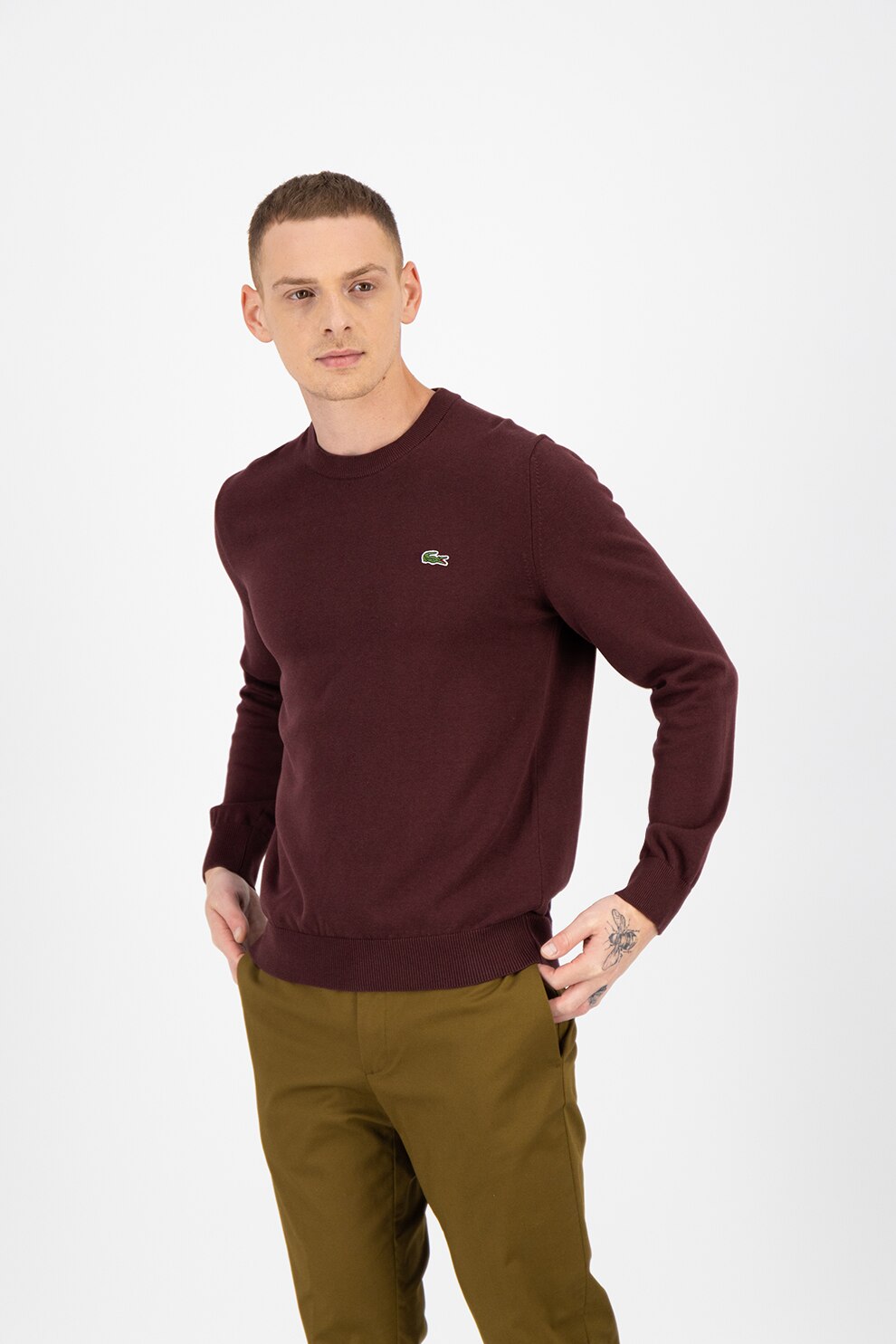 Lacoste, Pulover de bumbac organic cu decolteu la baza gatului, Violet pruna