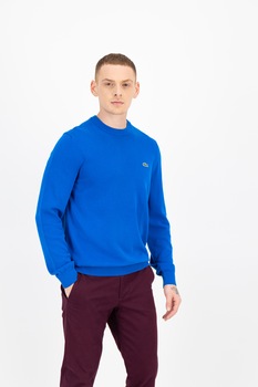 Lacoste, Pulover de bumbac organic cu decolteu la baza gatului, Albastru Lacoste, Pulover de bumbac organic cu decolteu la baza gatului, Albastru