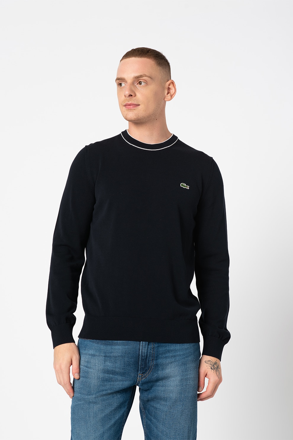 Lacoste, Pulover de bumbac organic cu terminatii striate, Bleumarin inchis