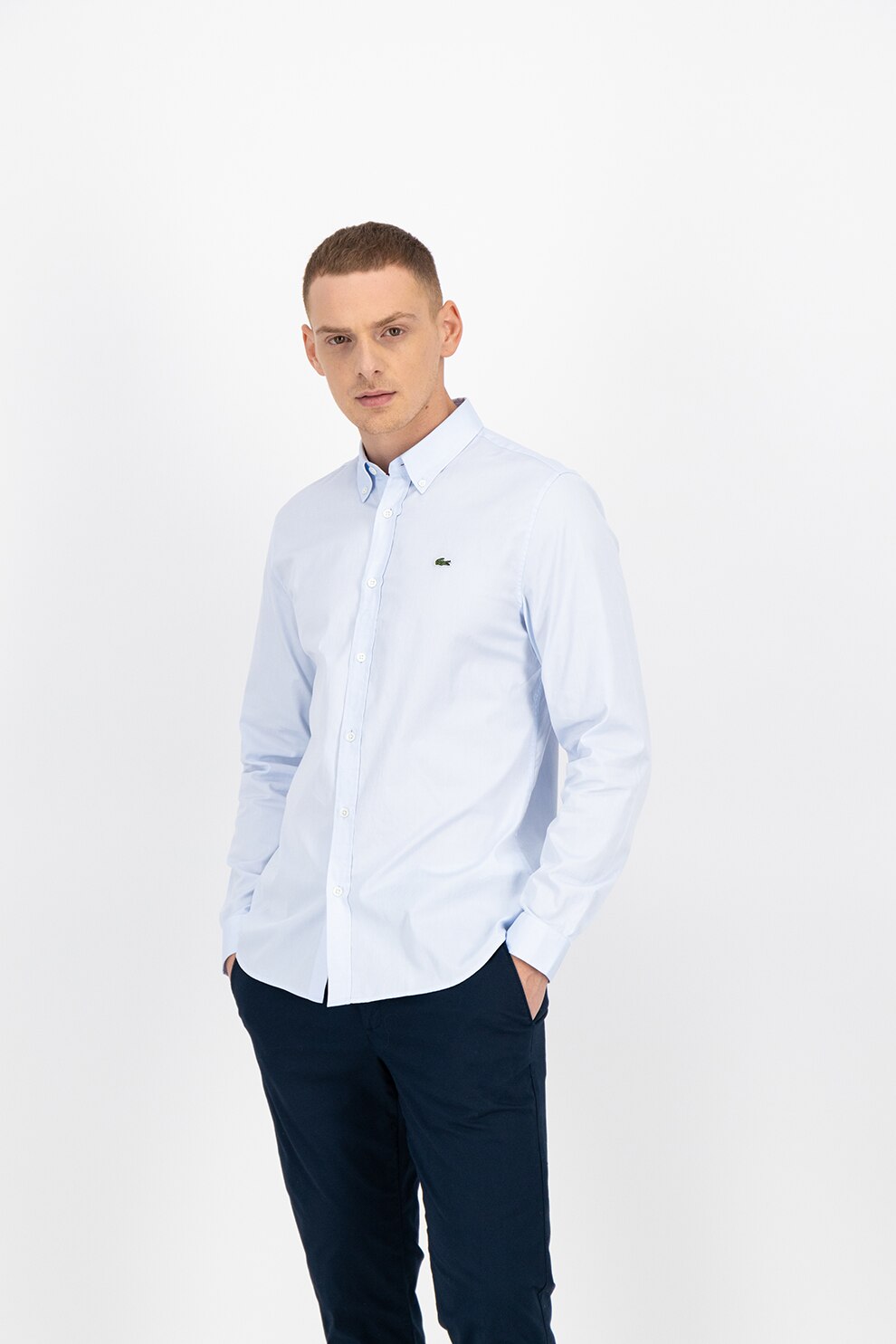 Lacoste, Camasa slim fit cu broderie logo, Albastru pastel