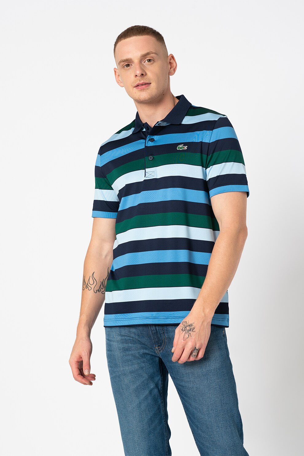 Lacoste, Tricou polo in dungi cu aplicatie logo, Albastru/Verde