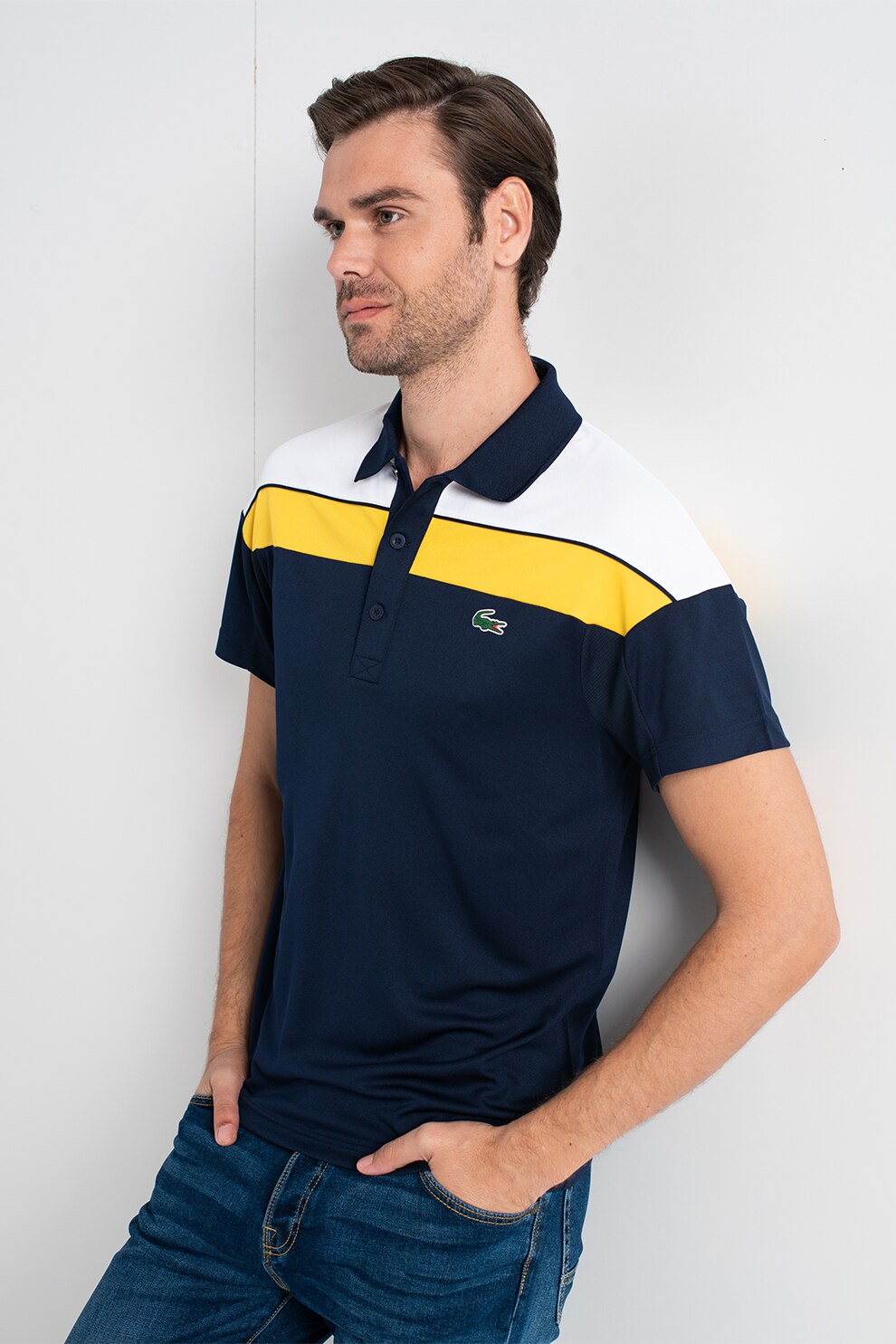 Lacoste, Tricou polo termoregulator din material pique, Bleumarin/Galben/Alb
