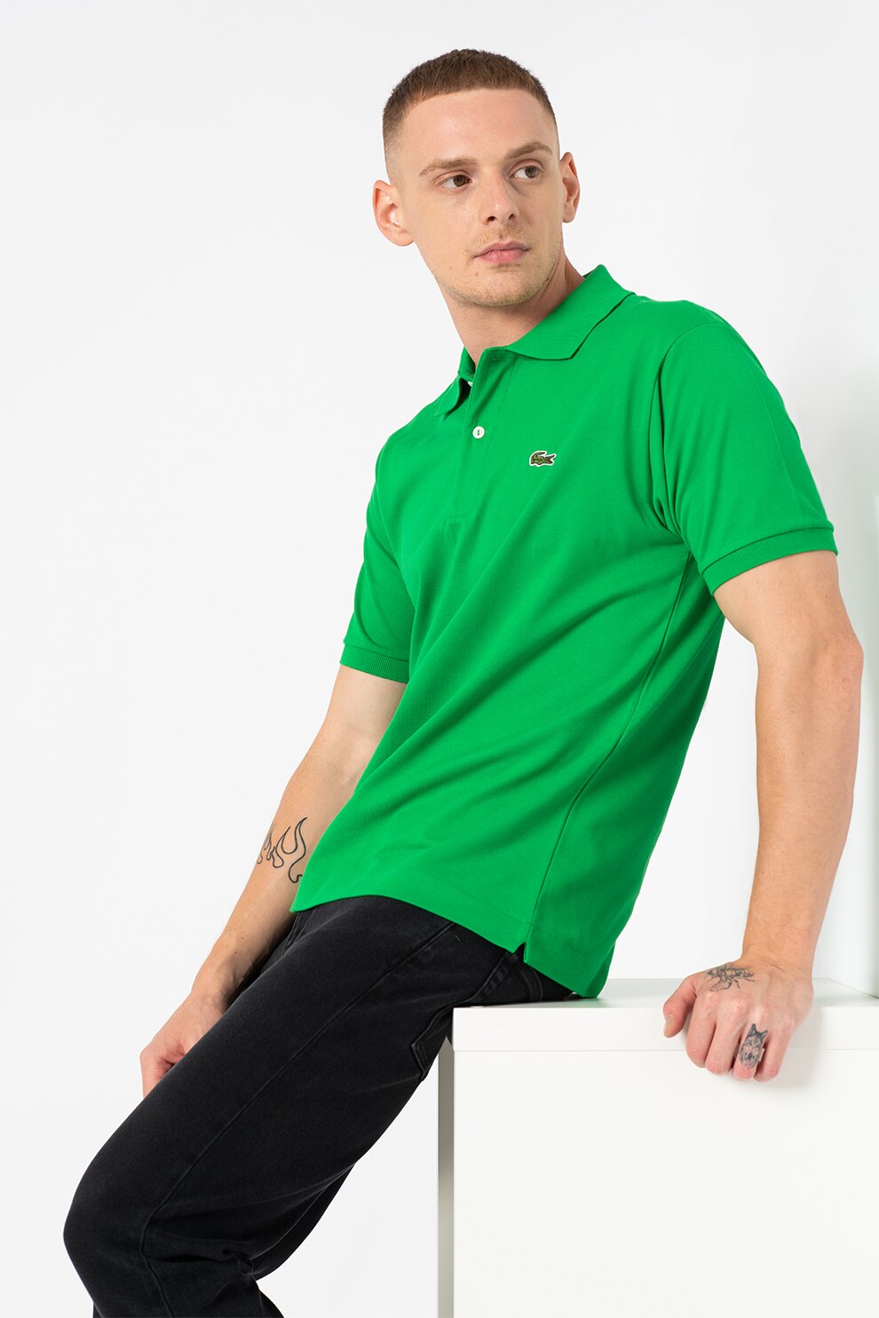 Lacoste, Tricou polo regular fit din material pique cu logo brodat, Verde electric