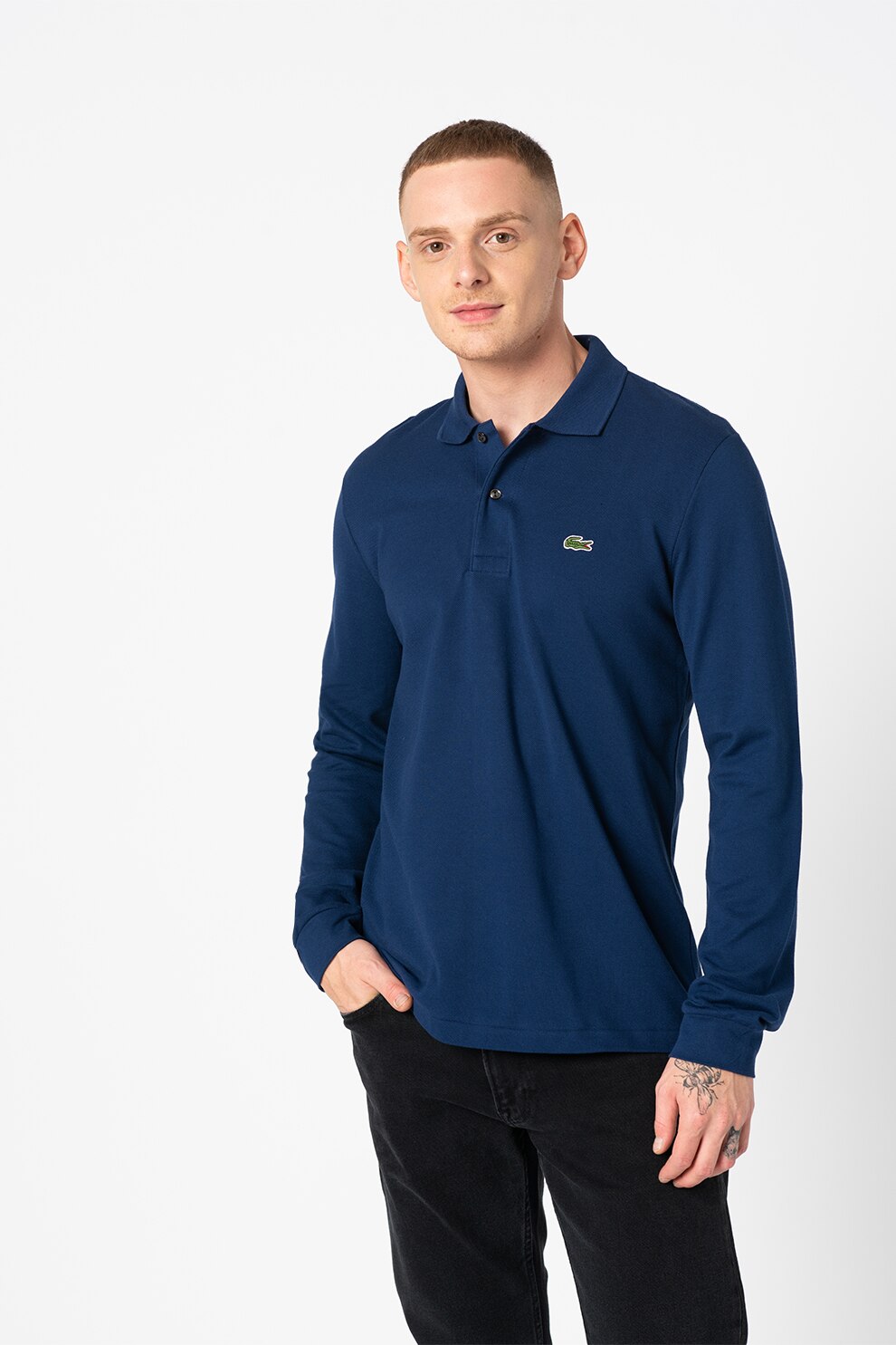 Lacoste, Bluza polo din bumbac si material pique, Bleumarin