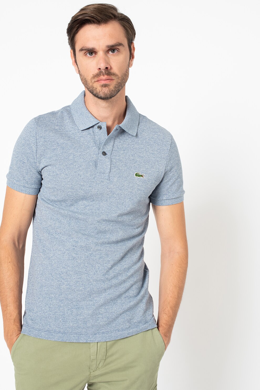 Lacoste, Tricou polo slim fit de bumbac cu aspect pique, Albastru prafuit