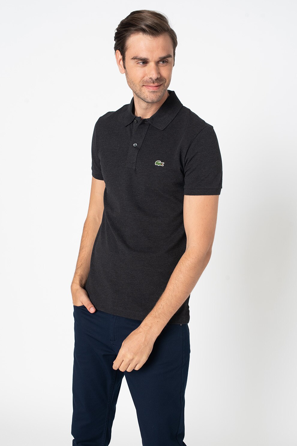 Lacoste, Tricou polo slim fit de bumbac cu aspect pique, Negru melange