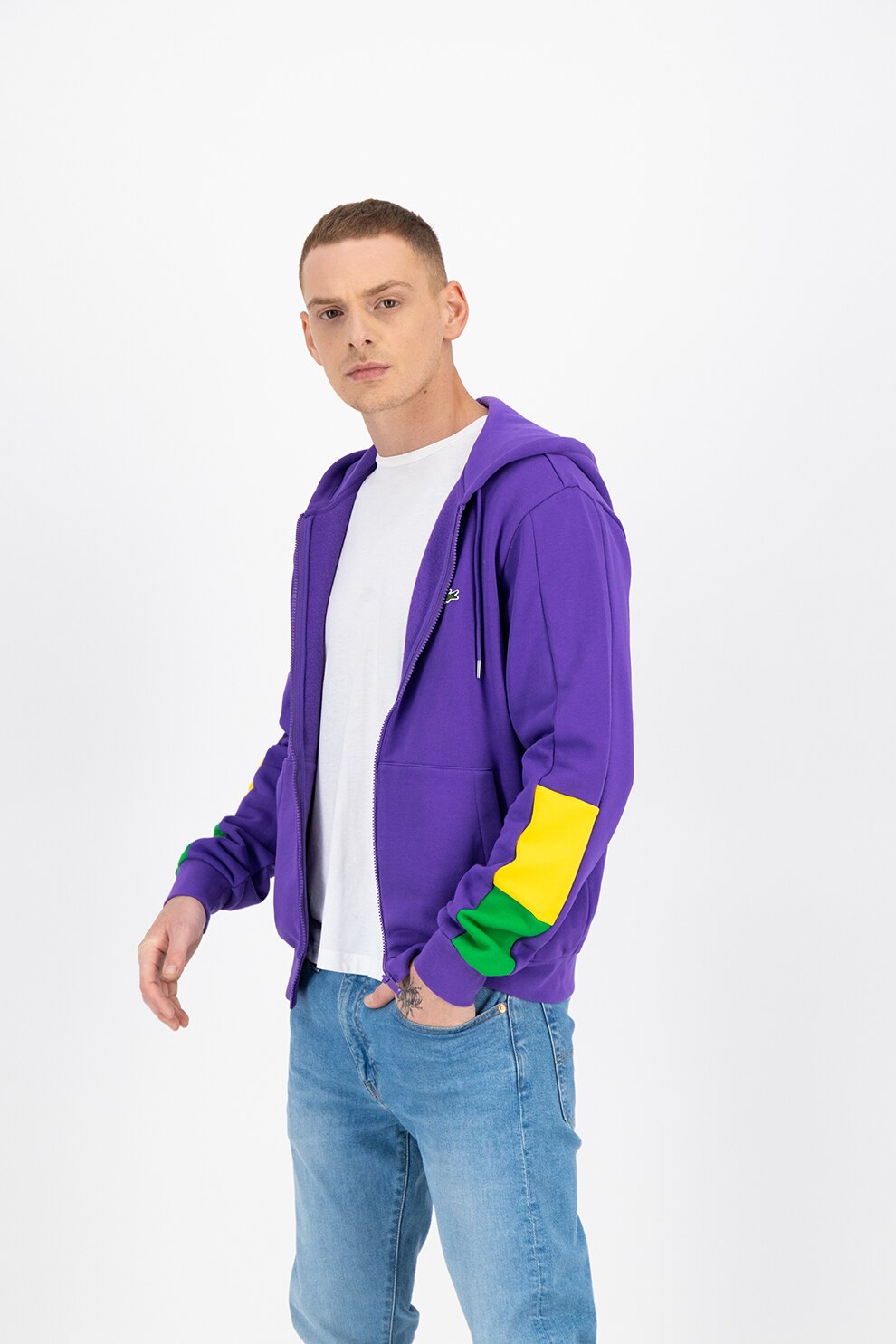 Lacoste, Hanorac cu fermoar si imprimeu logo, violet ametist, galben, verde, XL