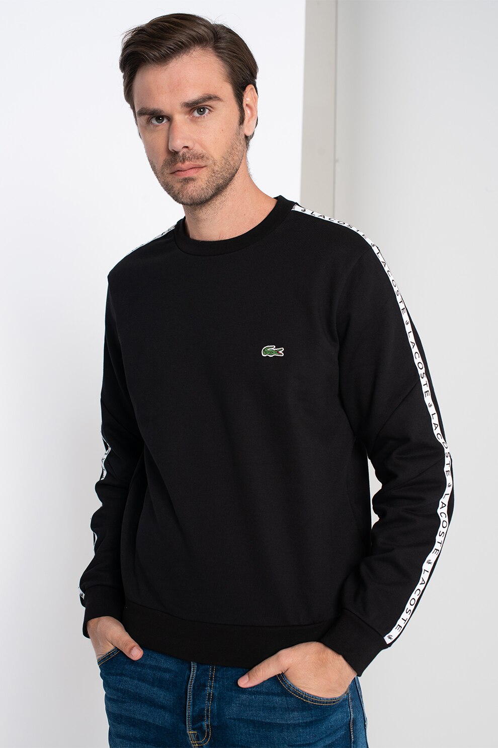 Lacoste, Bluza sport cu decolteu la baza gatului si model colorblock, Negru