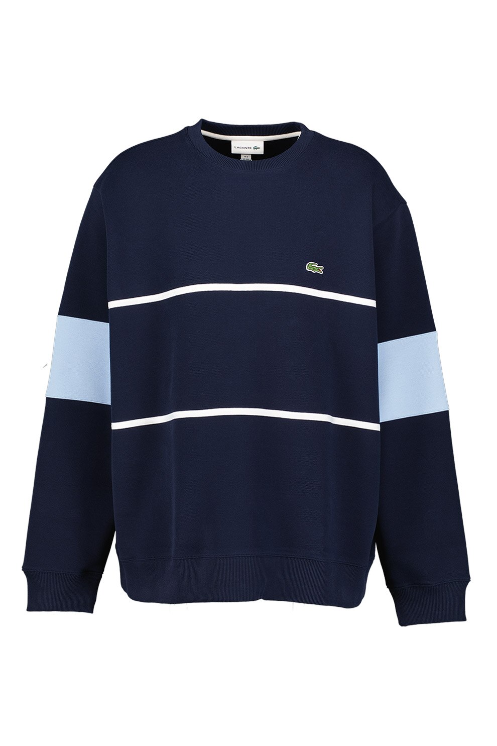 Lacoste, Bluza sport din pique cu decolteu la baza gatului si segmente contrastante, Bleumarin/Alb